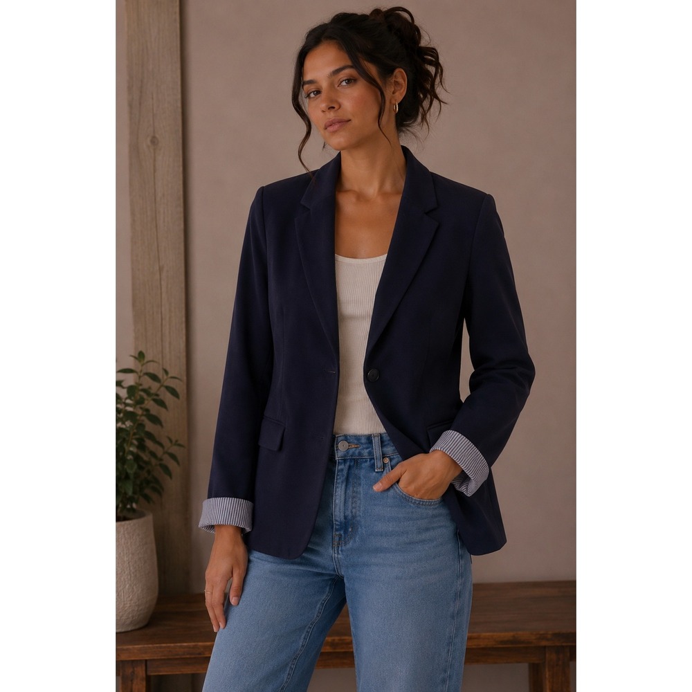 Merona Womens Navy Blue Single Button Blazer Striped Cuffed Lining Size 16